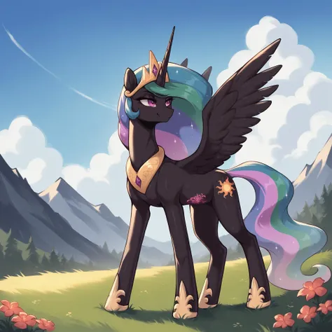 score_9, score_8_up, score_7_up, score_6_up, score_5_up, score_4_up, outdoors, black (b34n bodysuit:1.2), pubic tattoo, solo, feral pony, alicorn, (princess celestia:0.9), (black crown:1.2), evil smile, closed mouth,BREAK mountain, day, sky, flower, mountainous horizon, blue sky, grass <lora:Smooth Anime Style LoRA XL:1> <lora:b34n-animaginexl-1-000009:1.0>