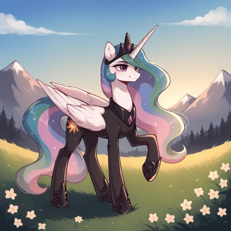 score_9, score_8_up, score_7_up, score_6_up, score_5_up, score_4_up, outdoors, black (b34n bodysuit:1.2), solo, feral pony, alicorn, (princess celestia:0.9), (black crown:1.2), evil smile, closed mouth,BREAK mountain, day, sky, flower, mountainous horizon, blue sky, grass <lora:Smooth Anime Style LoRA XL:1> <lora:b34n-animaginexl-1-000009:1.0>