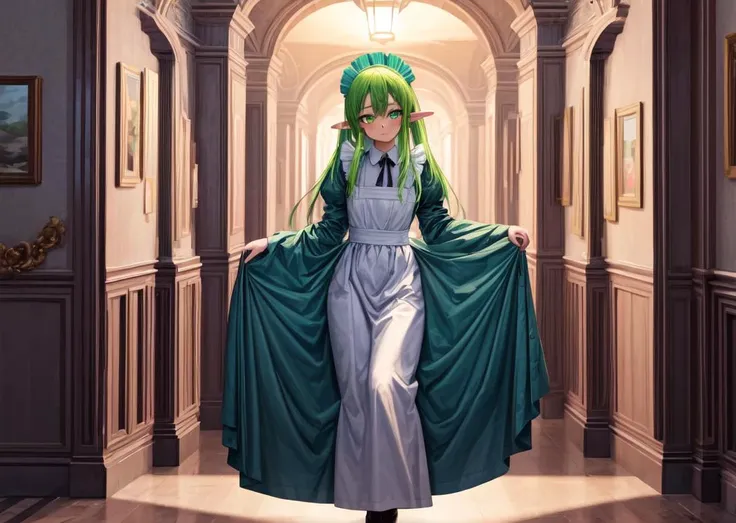 full body, (highres, best quality:1.2), vibrant image, sharpness, colorful, solo, elf, long hair, fair skin, green eyes, maid's clothes , <lora:GoodHands-beta2:1>, <lora:add_detail:0.5>, <lora:boldline:0.3>, <lora:hairdetailer:0.3>, exhibitionism, public indecency, nude, coat, long hair, standing, in a corridor, <lora:exhibitionismV_Conv2D:1>