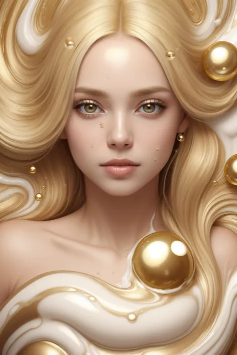 (masterpiece, best quality, official art, beautiful and aesthetic),close up shot to the face of 1 girl covered by white and gold fluid,bare shoulders,glossy skin,looks at viewer,white and gold thick liquid,floating blond long (wet hair),milk_white,milk like drops,precise facial structure,Gradient white fluid,organic feel,viscous,shiny gel,bubbles,<lora:whitegold-000006:0.6>,