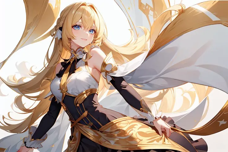 ultra detailed, masterpiece, best quality, solo, straight-on, smile, <lora:whitegold:0.7>, upper body,
1girl, blue eyes, very long hair, blonde hair, long blonde hair, french braid, bangs, medium breasts,
hair ribbon, frilled choker, criss-cross halter, sleeveless dress, high-waist skirt, backless dress, waist bow, detached sleeves, frilled sleeves, wide sleeves, pantyhose, patterned legwear, mary janes,