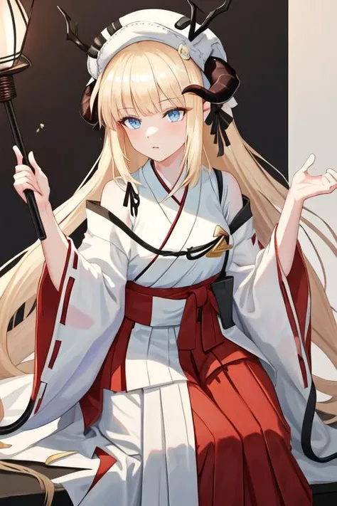 best quality, masterpiece, highres, solo, {white kimono:1.35}, {red hakama:1.35}, {wide sleeves:1.20}, {nightingale_arknights:1.15}, long_hair, horns, blonde_hair, bangs, blue_eyes, hat, very_long_hair, white_headwear, upper_body, demon_horns