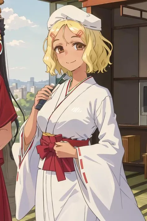 best quality, masterpiece, highres, solo, {white kimono:1.35}, {red hakama:1.35}, {wide sleeves:1.20}, {sakura_donttoywithmemissnagatoro:1.15}, blonde_hair, hair_ornament, hairclip, short_hair, brown_eyes, smile, dark_skin, closed_mouth