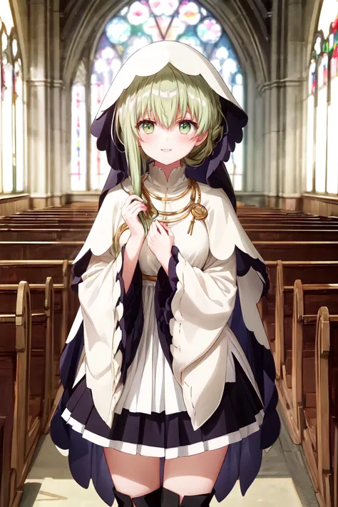 ((masterpiece:1.3)), ((best quality:1.3)), ((absurdres:1.3)), ((incredibly absurdres:1.3)), church, stained glass, church pews, indoors, cowboy shot, blush, looking at viewer, smile, (anime screencap)
lora:exposure_control_v10:0.1>
<lora:breastsizeslideroffset:0.2>
<lora:more_details:0.6>
<lora:cecilia_shiro_seijo_locon_v1:0.8>  , (cecilia \(shiro seijo to kuro bokushi\), very long hair, green hair, sidelocks, asymmetrical hair, hair bun, green eyes, eyebrows visible through hair, hair between eyes, white dress, frilled dress, veil, hood up, white capelet, jewelry, long sleeves, wide sleeves, sleeves past wrists, cross necklace, pleated skirt, black skirt, miniskirt, black legwear, thighhighs, thigh boots, black footwear, high heel boots