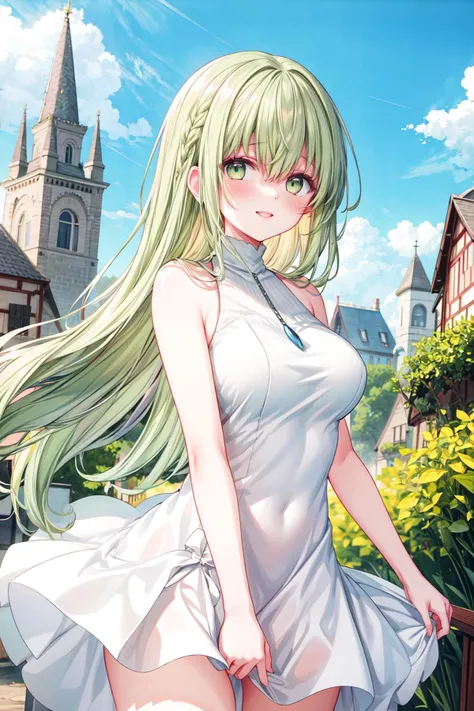 ((masterpiece)), ((best quality)), ((absurdres:1.3)), ((incredibly absurdres:1.3)), Rural town, outdoors, cowboy shot, blush, looking at viewer, smile, anime screencap, ((fantasy town:1.4)) ((european architecture1.3)) ((fantasy world:1.4)), from front
<lora:breastsizeslideroffset:0.3>
<lora:more_details:0.6>
<lora:cecilia_shiro_seijo_locon_v1:0.7> cecilia \(shiro seijo to kuro bokushi\), (very long hair:1.2), green hair, sidelocks, asymmetrical hair, green eyes, eyebrows visible through hair, hair between eyes, white dress, ((summer dress)), ((bare shoulders:1.3)), ((white dress:1.3)), ((short dress:1.4)) ((high neck dress:1.4)), pleated dress, ((wind:1.4)), ((wind lift:1.4)), dress lift, ((implied pantyshot:1.4)),