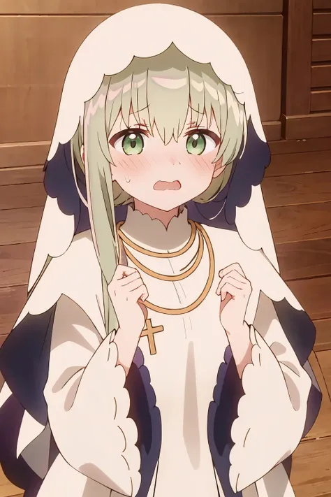 1girl, 1girl, cecilia \(shiro seijo to kuro bokushi\), anime screencap, blush, solo, green hair, long hair, open mouth, wavy mouth, o o, veil, jewelry, necklace, indoors, hands up, full-face blush, sweatdrop, embarrassed, hair between eyes, eyebrows visible through hair, cross, long sleeves, wooden floor, parody, white dress, sweat, robe, sidelocks, nose blush, upper body, nun, looking at viewer, white capelet, habit <lora:cecilia_shiro_seijo_locon_v1:0.9>