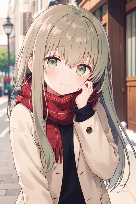 1girl, cecilia \(shiro seijo to kuro bokushi\), anime screencap, blush, smile, heart, red scarf, eyebrows visible through hair, plaid scarf, long sleeves, looking at viewer, ribbed sweater, green hair, green eyes, closed mouth, solo, blurry background, upper body, sleeves past wrists, grey sweater, hand up, breath, hair between eyes, brown coat, brown jacket, depth of field, turtleneck sweater, open jacket, very long hair, open coat, brown eyes, black sweater, solo, turtleneck, pov, fingernails, enpera, head tilt, hand on own face, brown sweater, hand on own cheek, fringe trim, blonde hair, brown hair, winter clothes, outdoors, street
<lora:cecilia_shiro_seijo_locon_v1:0.9>