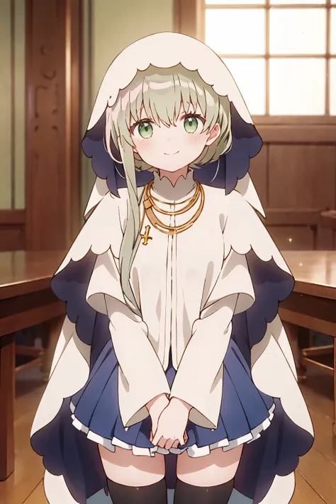 1girl, cecilia \(shiro seijo to kuro bokushi\), anime screencap, green eyes, green hair, smile, thighhighs, solo, black legwear, looking at viewer, window, eyebrows visible through hair, long sleeves, indoors, closed mouth, necklace, jewelry, own hands together, veil, blush, standing, wide sleeves, very long hair, blue skirt, sparkle, 1girl, male focus, zettai ryouiki, blue dress, white capelet, v arms, robe, hair between eyes, pleated skirt, cowboy shot, frills, sidelocks, table, white cape, cross, white dress, head tilt, asymmetrical hair, shiny, shiny hair, frilled skirt, depth of field, day, sunlight  <lora:cecilia_shiro_seijo_locon_v1:0.9>