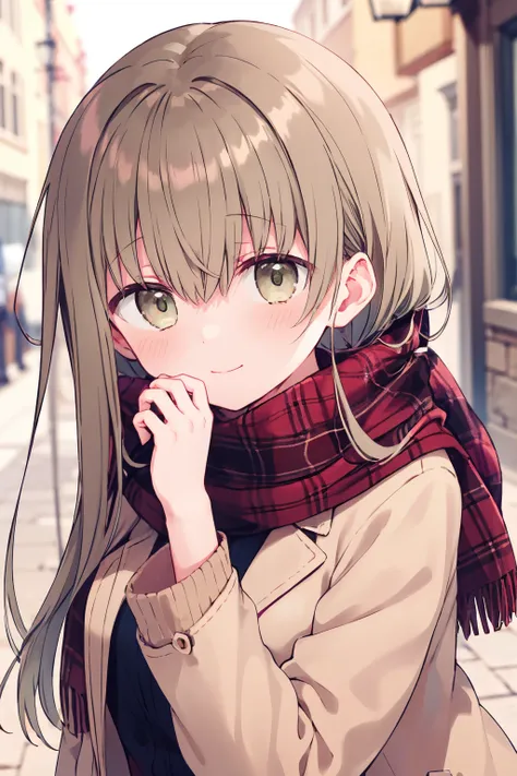 1girl, cecilia \(shiro seijo to kuro bokushi\), official art, blush, smile, heart, red scarf, eyebrows visible through hair, plaid scarf, long sleeves, looking at viewer, ribbed sweater, green hair, green eyes, closed mouth, solo, blurry background, upper body, sleeves past wrists, grey sweater, hand up, breath, hair between eyes, brown coat, brown jacket, depth of field, turtleneck sweater, open jacket, very long hair, open coat, brown eyes, black sweater, solo, turtleneck, pov, fingernails, enpera, head tilt, hand on own face, brown sweater, hand on own cheek, fringe trim, blonde hair, brown hair, winter clothes, outdoors, street
<lora:cecilia_shiro_seijo_locon_v1:0.9>