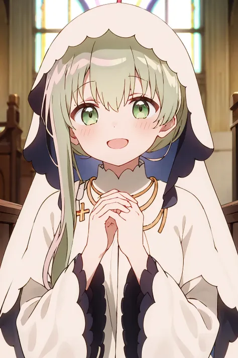 1girl, cecilia \(shiro seijo to kuro bokushi\), anime screencap, solo, smile, open mouth, blush, eyebrows visible through hair, :d, long sleeves, hair between eyes, looking at viewer, own hands together, upper body, wide sleeves, green eyes, hands up, white dress, veil, jewelry, interlocked fingers, latin cross, very long hair, white capelet, cross necklace, ponytail, capelet, green hair, side ponytail, puffy sleeves, hood up, two-tone background, head tilt, own hands clasped, white shirt, hands on own chest, fingernails, indoors, window, church
<lora:cecilia_shiro_seijo_locon_v1:0.9>