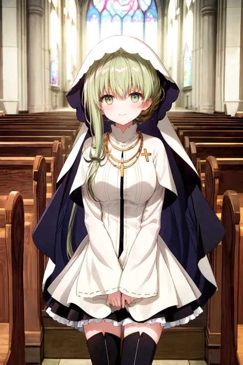 ((masterpiece)), ((best quality)), ((absurdres:1.3)), ((incredibly absurdres:1.3)), church, stained glass, church pews, indoors, cowboy shot, blush, looking at viewer, smile
lora:exposure_control_v10:0.1>
<lora:breastsizeslideroffset:0.3>
<lora:more_details:0.6>
<lora:cecilia_shiro_seijo_locon_v1:0.8> anime screencap, ((cecilia \(shiro seijo to kuro bokushi\):1.3)), very long hair, green hair, sidelocks, asymmetrical hair, hair bun, green eyes, eyebrows visible through hair, hair between eyes, white dress, frilled dress, veil, hood up, white capelet, jewelry, long sleeves, wide sleeves, sleeves past wrists, cross necklace, pleated skirt, black skirt, miniskirt, black legwear, thighhighs, thigh boots, black footwear, high heel boots