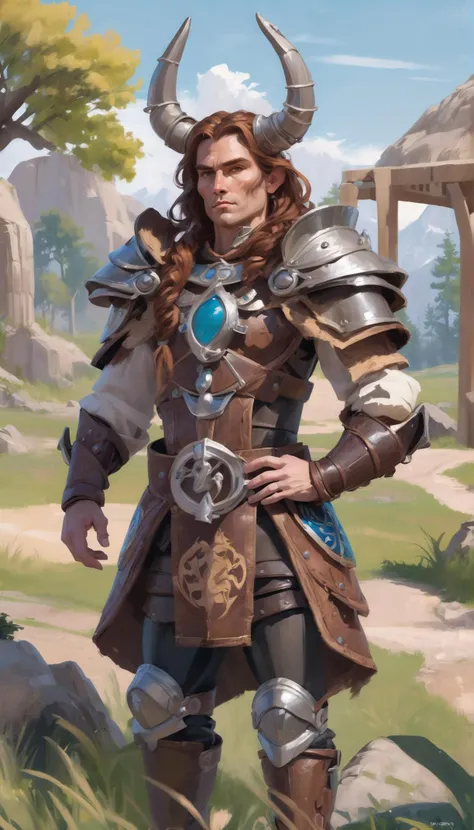 (full body:1.5), stoic desert celtic shamanesstoned, leather armor, leather pauldrons, , (warpaint:1), horned leather helmetfur cape, flexing, caucasian, at a Tudor farm, in a tropical spring meadow, bombshell hair, brown hair, low-braided long hair,Scene Hair, claw pose<lora:EnvySpeedPaintXL01:1>