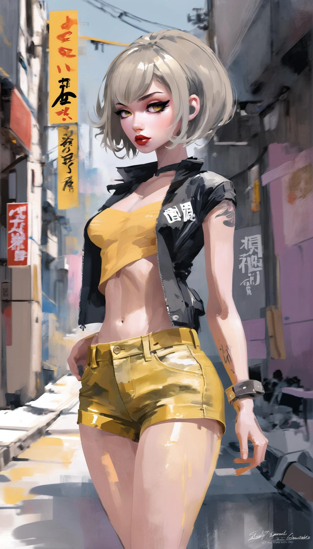 fantasy digital watercolor, photoshop watercolor brushes, bad girl, 1girl, cute, full body, [:formal, seductive costume design,:0.2], official art, japanese, punk hair, gray hair, Retro Waves,ahoge, dramatic beige lighting from below, torn pvc shorts, in a  Japanese alley, bombshell hair, neon goldenrod hair, Reverse Bob, v arms<lora:EnvySpeedPaintXL01:1>