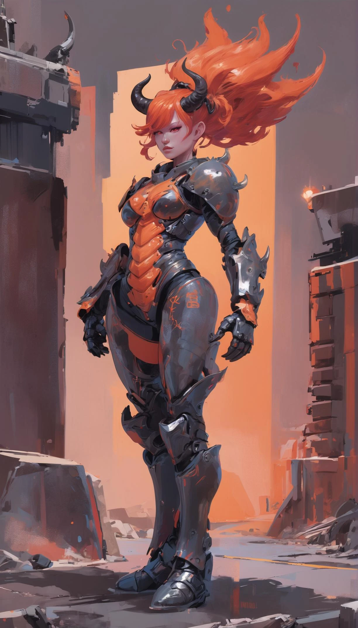 (demonic, infernal, evil:1.25), (full body:1), hair, horns, from the side, heavy armor, fiery orange lighting, armored demon knight, (struggling:1.3), chinese, (in a post-apocalyptic city:1.2), arms up, in a museum, bombshell hair, shiny red-orange hair, Frohawk,hair bobbles, outstretched leg<lora:EnvySpeedPaintXL:1>