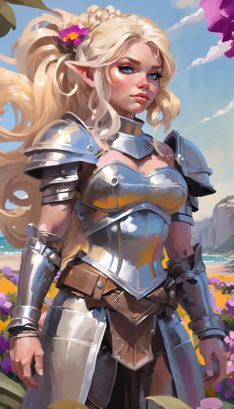 fantasy digital acrylic painting, photoshop thick acrylic brushes, cowboy shot, gloating viking warriortoned, armor, , (warpaint:1), vivid blonde hair, Beach Waves, praise the sun, caucasian, in a flower garden, on a subterranean country road, bombshell hair, iridescent silver hair, twintails,Heart Braid, on stomach<lora:EnvySpeedPaintXL01:1>