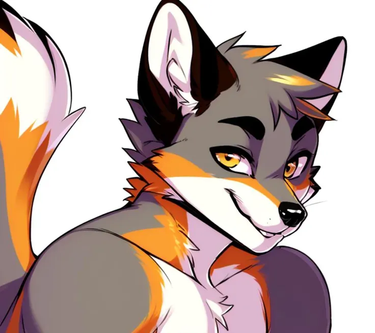 yellow_eyes, urocyon:1.2, 1boy, smug, fang_out, tokifuji, grey_fur, brown_fur, red_fur, orange_fur, multicolored fur <lora:greyfox:0.8>