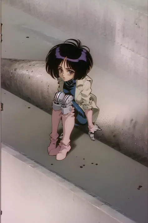 anime girl sitting on the floor with hand on her knee , the anime girl is squatting, retro anime girl, inspirado em Rei Kamoi, Bulma de Dragon Ball, linda garota de anime agachada, Estilo de arte de anime dos anos 90, estilo anime Gainax, anime girl with teal hair, Estilo anime dos anos 90, Estilo de anime dos anos 90, garota de anime do futuro