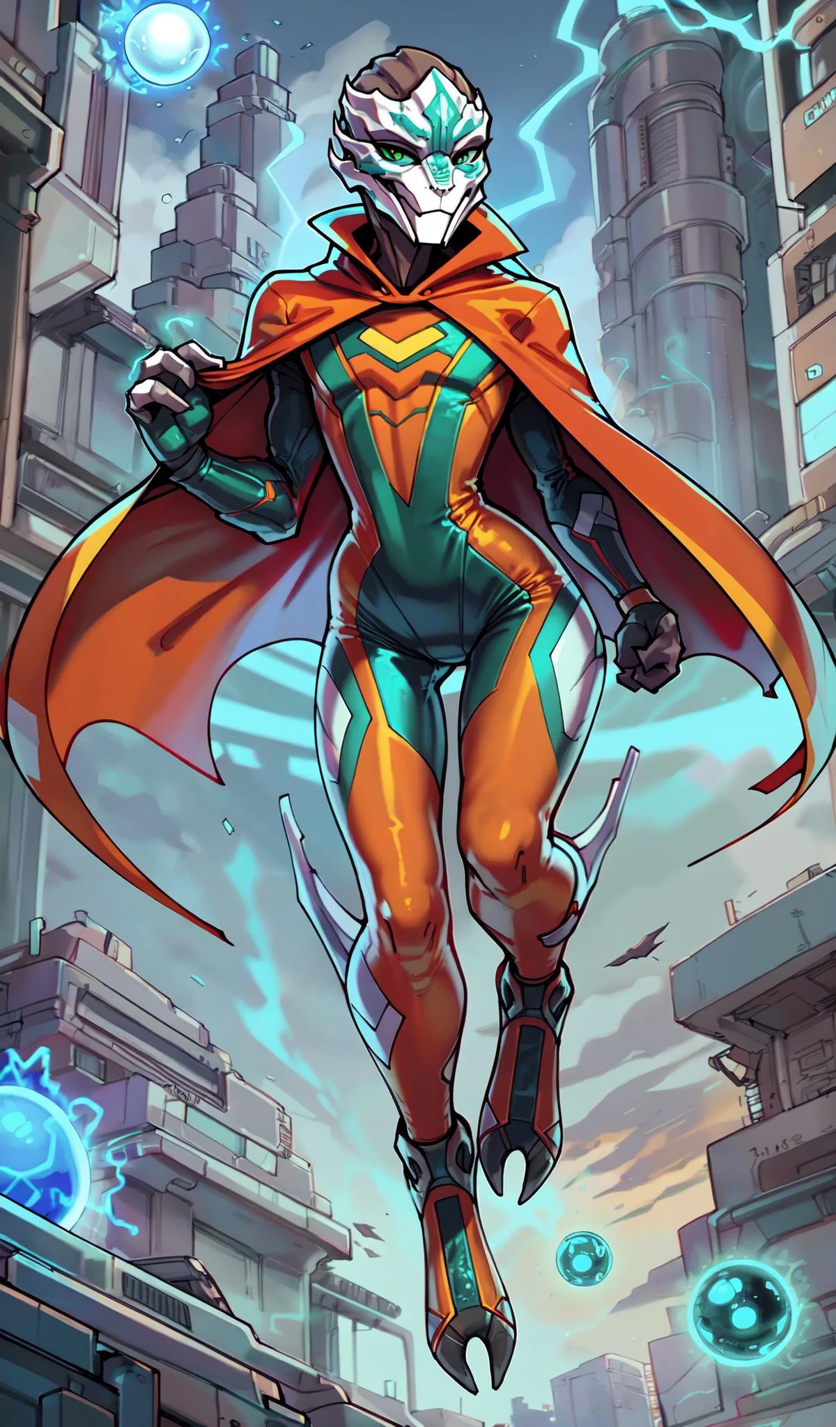 (low-angle view:1.1), (full-length portrait:1.5), (three-quarter view:1.2), by Koul, by wamudraws, by requiemdusk, (detailed background:1.1), (science fiction, futuristic skyscrapers:1.1), (outside:1.4), high resolution, high quality, BREAK
(floating, suspended in midair:1.3), superhero, (female:0.8), (turian:1.3), (mass effect:1.2), (alien, scalie), (slit pupils, green eyes:1.2), brown skin, light faceplate, (aqua facemark:1.2), (flat chested:1.2), ((seductive smile, (smug:1.1), bedroom eyes:1.15), eyelashes, eyeliner, mascara, eyeshadow:1.15), (orange clothing, tight clothing, superhero costume:1.2), (straight legs:1.3), digitigrade, (cape:1.2), (energy, energy ball:1.3), (looking at viewer:1.5) <lora:Femtur_v1.3:1.0>