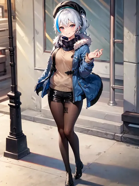 masterpiece, best quality, solo, <lora:eph3-10:1>, :q, black_jacket, black_shorts, hat, jacket, long_sleeves, pantyhose, plaid_scarf, shorts, smile, standing, sweater,