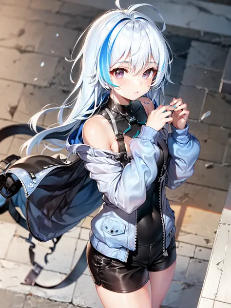 masterpiece, best quality, solo, <lora:eph3-10:1>, white hair, sweater, shorts, hat,