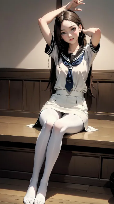 indoor, sitting on the floor:1.4, (stretch the feet), full body:1.2, schoolgirl, long hair, brown hair, brown eyes, (perfect skin, realistic skin), seifuku, white shirt, (white pantyhose, oiled pantyhose:1.2), white panty, fine fabric emphasis, smile,  <lora:TakagiSan-clasicStyle-000008:0.60>, TakagiSanFirstStyle, (master piece:1.4, best quality:1.4, intricate details, highres, 8K, 4K, UHD, Ultra Detailed 8K CG, ultra high res, High quality texture, High quality shadow, HDR), nsfw