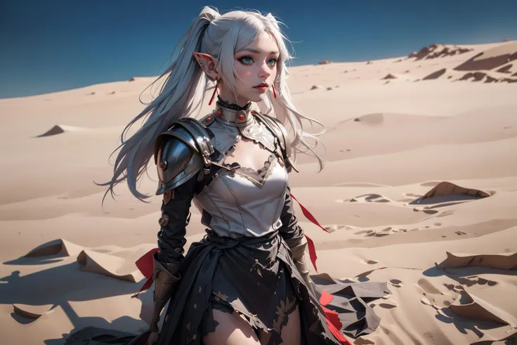 <lora:frieren:0.9>, Frieren, 1 girl, solo, white hair, twin tails, elf ears, green eyes, petite, (dark eye makeup), strong eye makeup, dark red lipstick, skirt , heels, sitting, dynamic angle, wandering the desert, sand, night, stars, wind blowing hair, (full body shot), extremely detailed, ultradetail, high aesthetic, realistic, beautiful, emotional, expressive, visual poetry, sharp lines, refractive halation, ,<lora:armored_dress:0.6> armored_dress, shoulder armor, (silver armor), metalwork , extremely detailed engravings, hair ornament, jewelry, earrings , <lora:eyeliner_v1:0.6> , <lora:gothgirl:0.65>