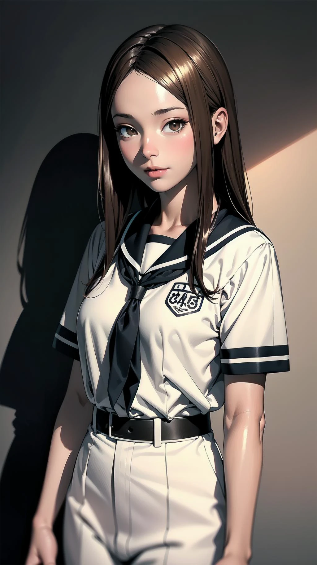cowboy shot, standing, girl, long hair, brown hair, brown eyes, (perfect skin, realistic skin), seifuku, white shirt, white socks, fine fabric emphasis, slightly smile, <lora:TakagiSan-clasicStyle-000008:0.62>, TakagiSanFirstStyle, (master piece:1.4, best quality:1.4, intricate details, highres, 8K, 4K, UHD, Ultra Detailed 8K CG, ultra high res, High quality texture, High quality shadow, HDR)