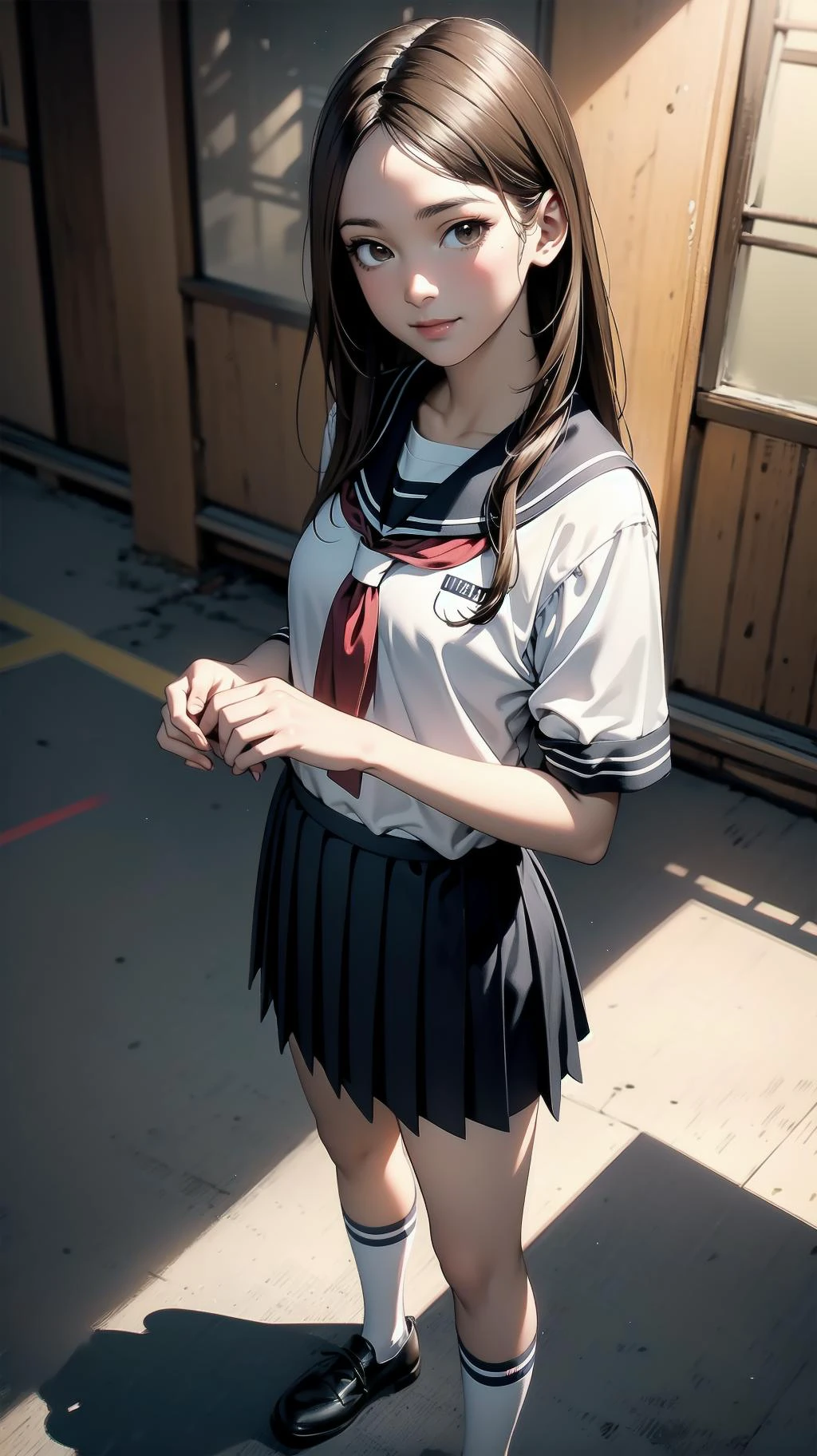 cowboy shot, standing, girl, long hair, brown hair, brown eyes, (perfect skin, realistic skin), seifuku, white shirt, white socks, fine fabric emphasis, slightly smile, <lora:TakagiSan-clasicStyle-000008:0.70>, TakagiSanFirstStyle, (master piece:1.4, best quality:1.4, intricate details, highres, 8K, 4K, UHD, Ultra Detailed 8K CG, ultra high res, High quality texture, High quality shadow, HDR)