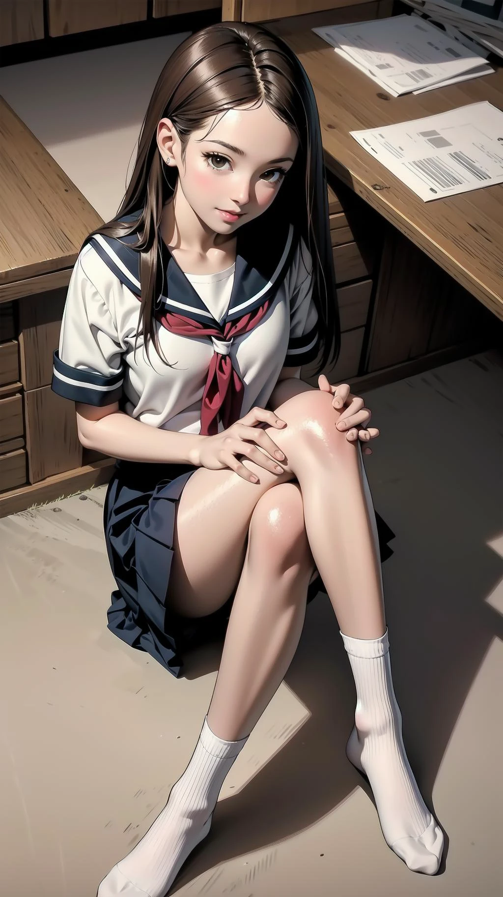 (full body, from above, crossed legs), indoor, lying on the floor:1.4, full body:1.2, girl, long hair, brown hair, brown eyes, (perfect skin, realistic skin), seifuku, white shirt, white socks, white panty, fine fabric emphasis, sexy:1.1, smile, <lora:TakagiSan-clasicStyle-000008:0.60>, TakagiSanFirstStyle, (master piece:1.4, best quality:1.4, intricate details, highres, 8K, 4K, UHD, Ultra Detailed 8K CG, ultra high res, High quality texture, High quality shadow, HDR), nsfw