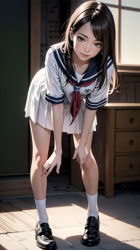 indoor, bent over:1.2, schoolgirl, long hair, brown hair, brown eyes, (perfect skin, realistic skin), seifuku, white shirt, white socks, white panty, fine fabric emphasis, sexy:1.1, smile,  <lora:TakagiSan-clasicStyle-000008:0.60>, TakagiSanFirstStyle, (master piece:1.4, best quality:1.4, intricate details, highres, 8K, 4K, UHD, Ultra Detailed 8K CG, ultra high res, High quality texture, High quality shadow, HDR), nsfw