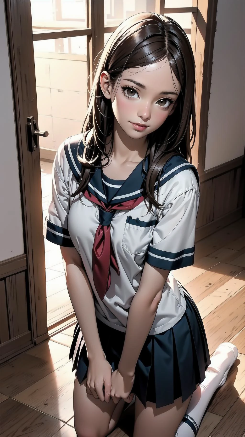 indoor, kneeling:1.2, girl, long hair, brown hair, brown eyes, (perfect skin, realistic skin), seifuku, white shirt, white socks, white panty, fine fabric emphasis, sexy:1.1, smile, <lora:TakagiSan-clasicStyle-000008:0.60>, TakagiSanFirstStyle, (master piece:1.4, best quality:1.4, intricate details, highres, 8K, 4K, UHD, Ultra Detailed 8K CG, ultra high res, High quality texture, High quality shadow, HDR), nsfw