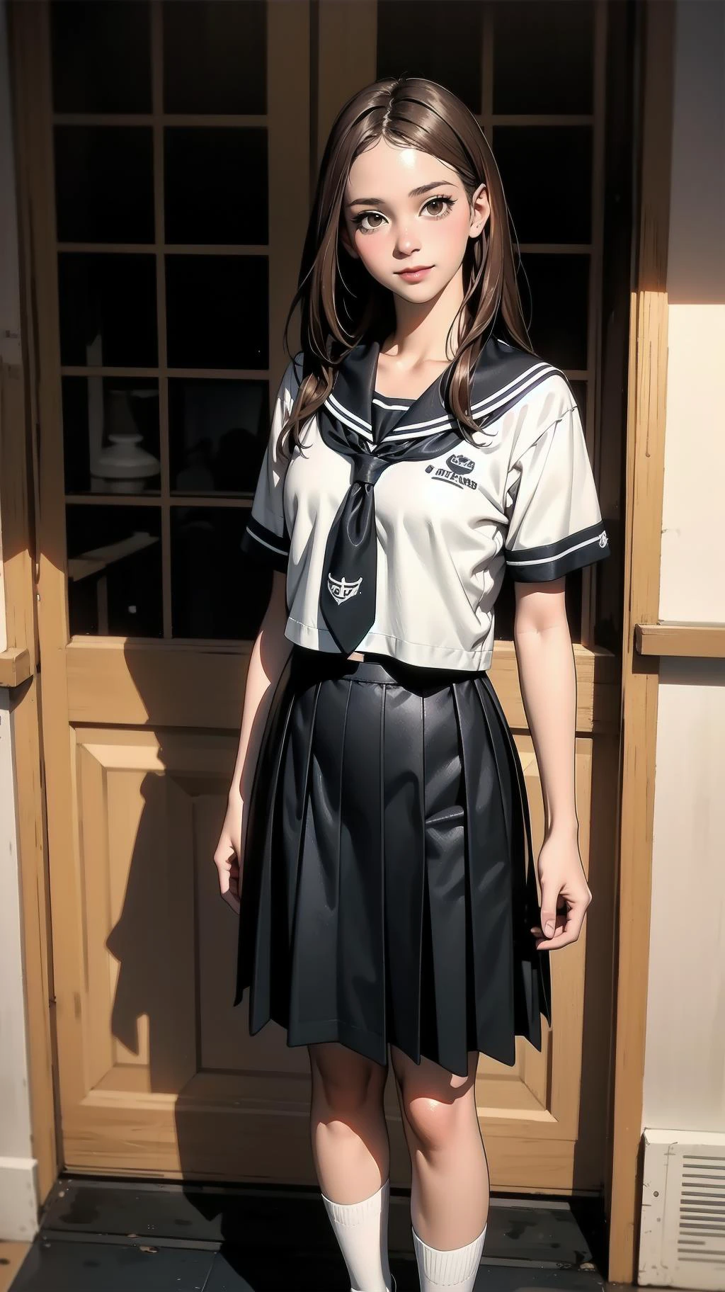 full body, standing, girl, long hair, brown hair, brown eyes, (perfect skin, realistic skin), seifuku, white shirt, white socks, fine fabric emphasis, smile, <lora:TakagiSan-clasicStyle-000008:0.61>, TakagiSanFirstStyle, (master piece:1.4, best quality:1.4, intricate details, highres, 8K, 4K, UHD, Ultra Detailed 8K CG, ultra high res, High quality texture, High quality shadow, HDR)