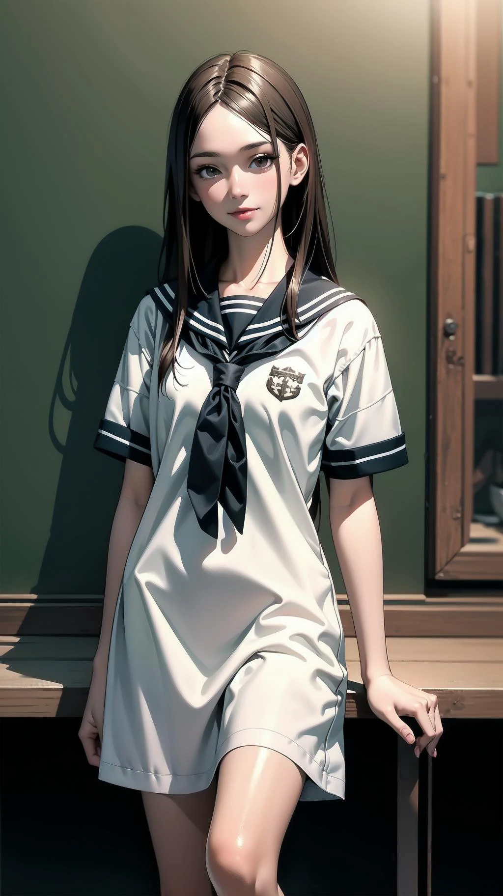 cowboy shot, standing, girl, long hair, brown hair, brown eyes, (perfect skin, realistic skin), seifuku, white shirt, white socks, fine fabric emphasis, slightly smile, <lora:TakagiSan-clasicStyle-000008:0.62>, TakagiSanFirstStyle, (master piece:1.4, best quality:1.4, intricate details, highres, 8K, 4K, UHD, Ultra Detailed 8K CG, ultra high res, High quality texture, High quality shadow, HDR)