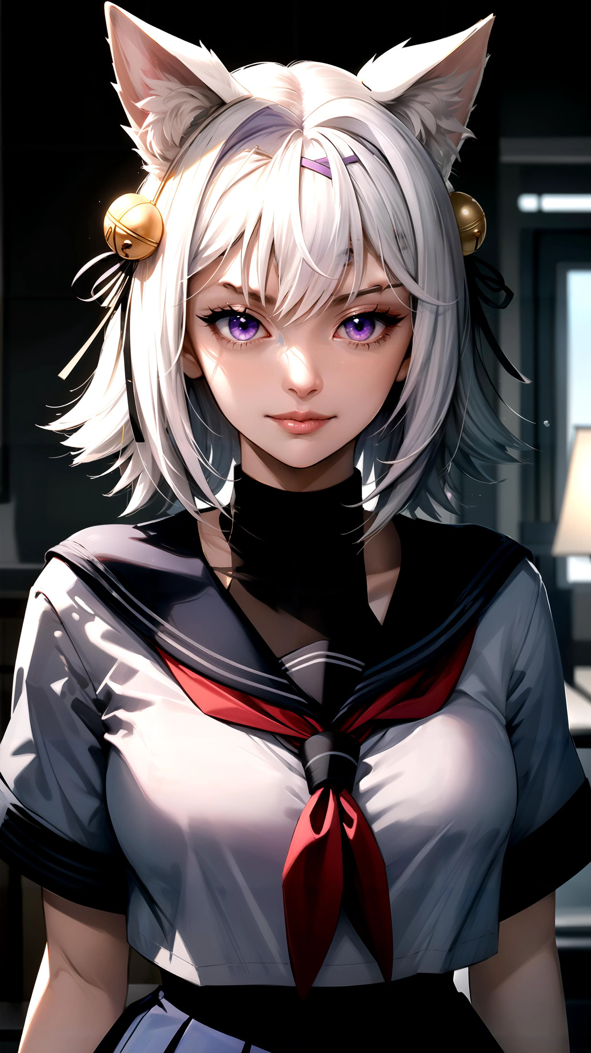 (masterpiece best quality), 1girl, intricate details, filian, animal ears, beautiful girl, white, hair ornament, purple eyes, sharp jawline, animal ear fluff, hair bell, lips, upper body, shirt, smirk, skirt, school uniform, blush, tail, Gate, The Potomac River, Cubist artwork Geometric shapes abstract innovative revolutionary, dramatic lighting, Best quality, hair light, <lora:filianV2:0.8>