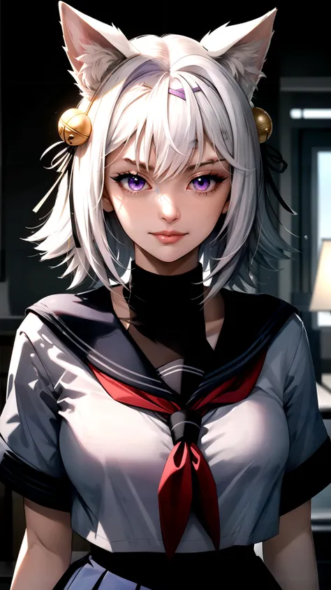 (masterpiece best quality), 1girl, intricate details, filian, animal ears, beautiful girl, white, hair ornament, purple eyes, sharp jawline, animal ear fluff,  hair bell, lips, upper body, shirt, smirk, skirt, school uniform, blush, tail, Gate, The Potomac River, Cubist artwork Geometric shapes abstract innovative revolutionary, dramatic lighting, Best quality, hair light, <lora:filianV2:0.8>