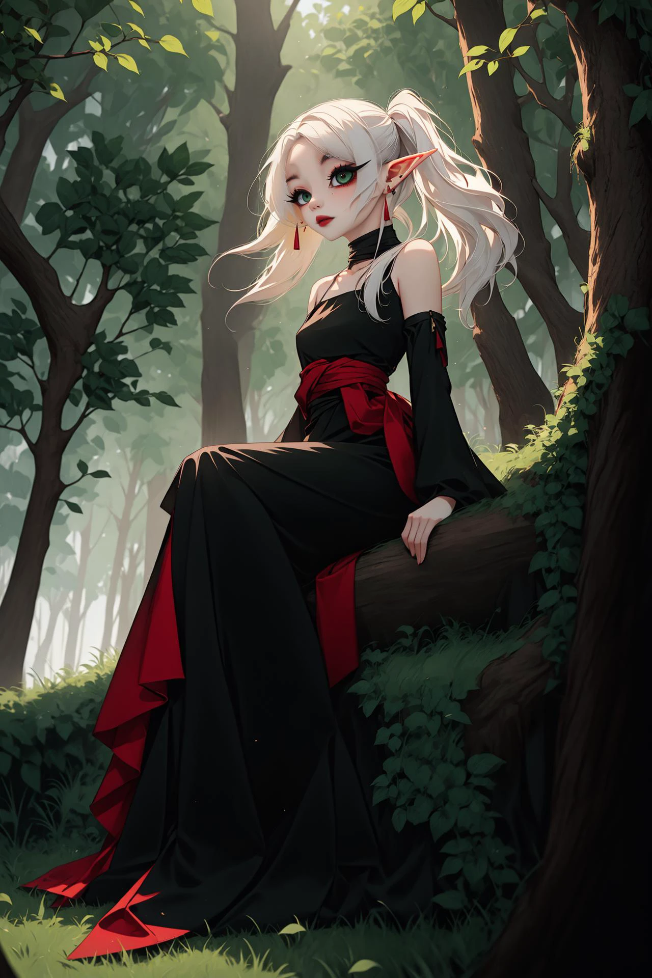 <lora:frieren:0.8>, Frieren, 1 girl, (solo), white hair, twin tails, elf ears, (green eyes), big eyes, (petite), (dark eye makeup), strong eye makeup, dark red lipstick ,sitting on tree, black dress, evening dress, dynamic angle, night, misty wood, wind blowing hair, (full body shot), extremely detailed, ultradetail, high aesthetic, realistic, beautiful, emotional, expressive, visual poetry, sharp lines , hair ornament, jewelry, earrings , <lora:eyeliner_v1:0.9> <lora:GothConceptV2:0.5> <lora:LegLength&Muscular_400steps:1> <lora:Black_dressV1.1.0:0.8> dresss