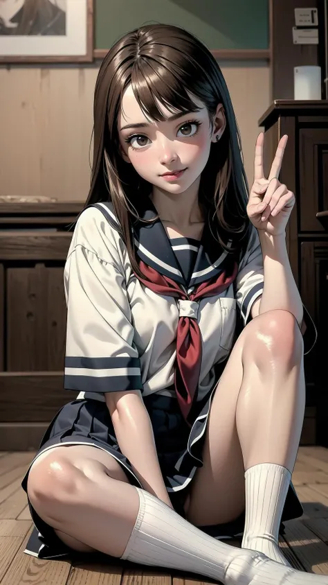 indoor, bedroom, ((W pose sitting on the floor)), schoolgirl, long hair, brown hair, brown eyes, (perfect skin, realistic skin), seifuku, white shirt, white socks, white panty, fine fabric emphasis, sexy:1.1, smile, blush:1.2, <lora:TakagiSan-clasicStyle-000008:0.60>, TakagiSanFirstStyle, (master piece:1.4, best quality:1.4, intricate details, highres, 8K, 4K, UHD, Ultra Detailed 8K CG, ultra high res, High quality texture, High quality shadow, HDR), nsfw