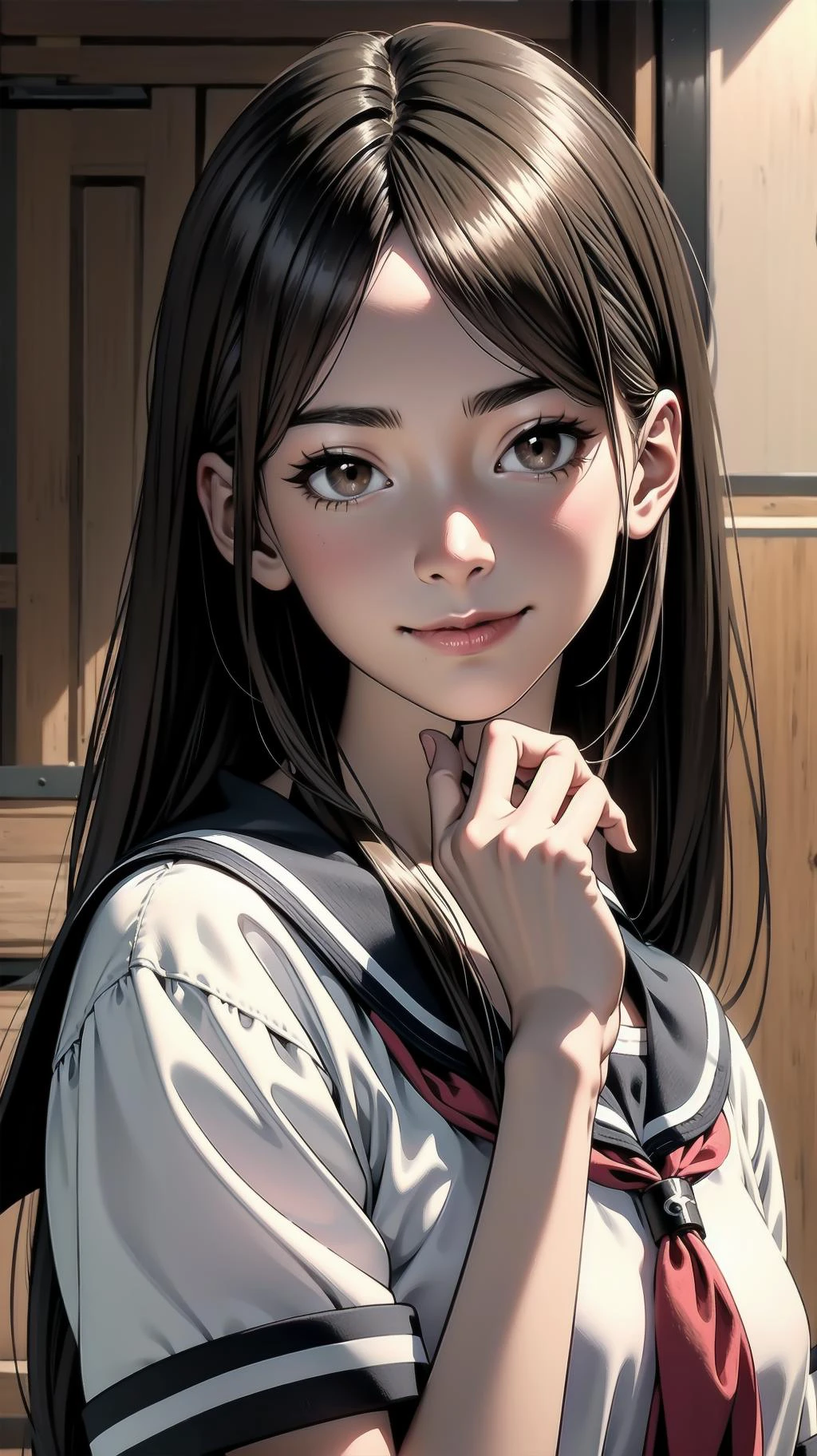 cowboy shot, standing, girl, long hair, brown hair, brown eyes, (perfect skin, realistic skin), seifuku, white shirt, white socks, fine fabric emphasis, smile, <lora:TakagiSan-clasicStyle-000008:0.61>, TakagiSanFirstStyle, (master piece:1.4, best quality:1.4, intricate details, highres, 8K, 4K, UHD, Ultra Detailed 8K CG, ultra high res, High quality texture, High quality shadow, HDR)