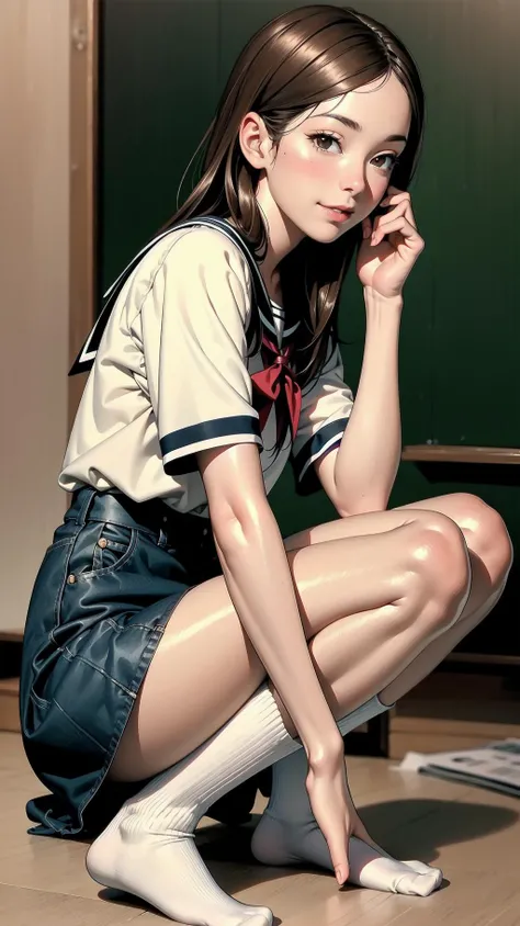 indoor, bedroom, ((leaning on the knee, on floor)), schoolgirl, long hair, brown hair, brown eyes, (perfect skin, realistic skin), seifuku, white shirt, white socks, white panty, fine fabric emphasis, sexy:1.1, smile, blush:1.2, <lora:TakagiSan-clasicStyle-000008:0.60>, TakagiSanFirstStyle, (master piece:1.4, best quality:1.4, intricate details, highres, 8K, 4K, UHD, Ultra Detailed 8K CG, ultra high res, High quality texture, High quality shadow, HDR), nsfw