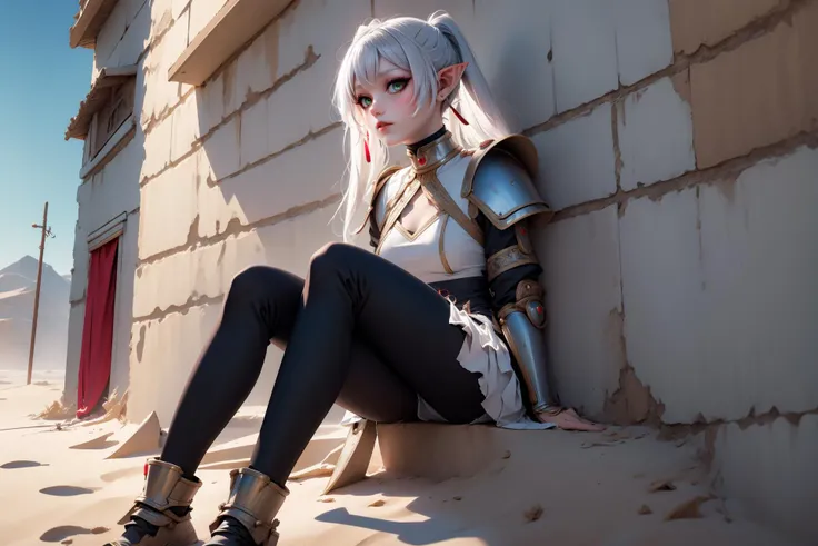 <lora:frieren:0.9>, Frieren, 1 girl, (solo), white hair, twin tails, elf ears, (green eyes), petite, (dark eye makeup), strong eye makeup, dark red lipstick, long skirt ,leggings ,sitting, relaxed, sitting leaning on wall ,dynamic angle, wandering the desert, sand, night, stars, wind blowing hair, (full body shot), extremely detailed, ultradetail, high aesthetic, realistic, beautiful, emotional, expressive, visual poetry, sharp lines, refractive halation, ,<lora:armored_dress:0.7> armored_dress, shoulder armor, (silver armor), metalwork , extremely detailed engravings, hair ornament, jewelry, earrings , <lora:eyeliner_v1:0.8>