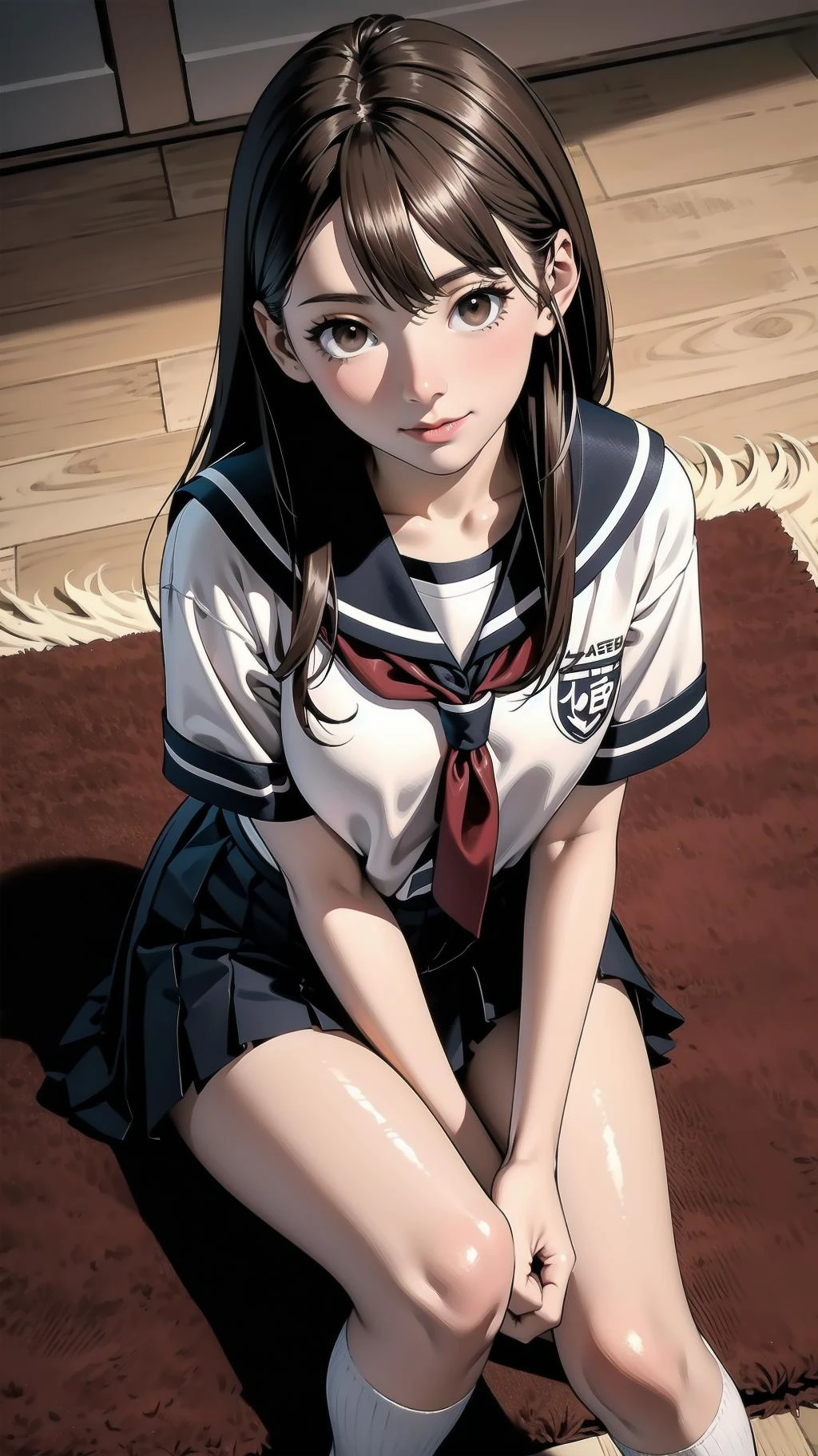 (full body, from above, crossed legs), indoor, lying on the floor:1.4, full body:1.2, girl, long hair, brown hair, brown eyes, (perfect skin, realistic skin), seifuku, white shirt, white socks, white panty, fine fabric emphasis, sexy:1.1, smile, <lora:TakagiSan-clasicStyle-000008:0.60>, TakagiSanFirstStyle, (master piece:1.4, best quality:1.4, intricate details, highres, 8K, 4K, UHD, Ultra Detailed 8K CG, ultra high res, High quality texture, High quality shadow, HDR), nsfw