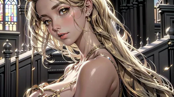 fantastic world:1.4, medieval:1.4, (cathedral:1.2) , (a girl, holy saint, beautiful:1.4, beauty:1.4, detailed face:1.2, detailed eyes:1.2, detailed lips:1.2), (golden hair:1.8), (curvy:1.3, huge breast:1.4), sagging breast:1.3, (ultra long hair:1.4), shiny, (yellow eyes), (white transparent dress:1.4, cleavage:1.5, tiara:1.2, jewlry), mystic aura:1.2, (golden ethereal glow around her:1.6), (master piece:1.4, best quality:1.4, intricate details, depth of field:1.2, highres, 8K, 4K, UHD, Ultra Detailed 8K CG, ultra high res, cinematic lighting, light beams, eleborate atmopshere:1.1, High quality texture, High quality shadow, HDR), <lora:albedo_(overlord)_v10:0.60> <lora:see_trough_dress06:0.40> wearing see trough dress, lingerie, elegant dress, back view <lora:SeethroughWeddingDress_v1:0.35> seethrough_wedding_dress