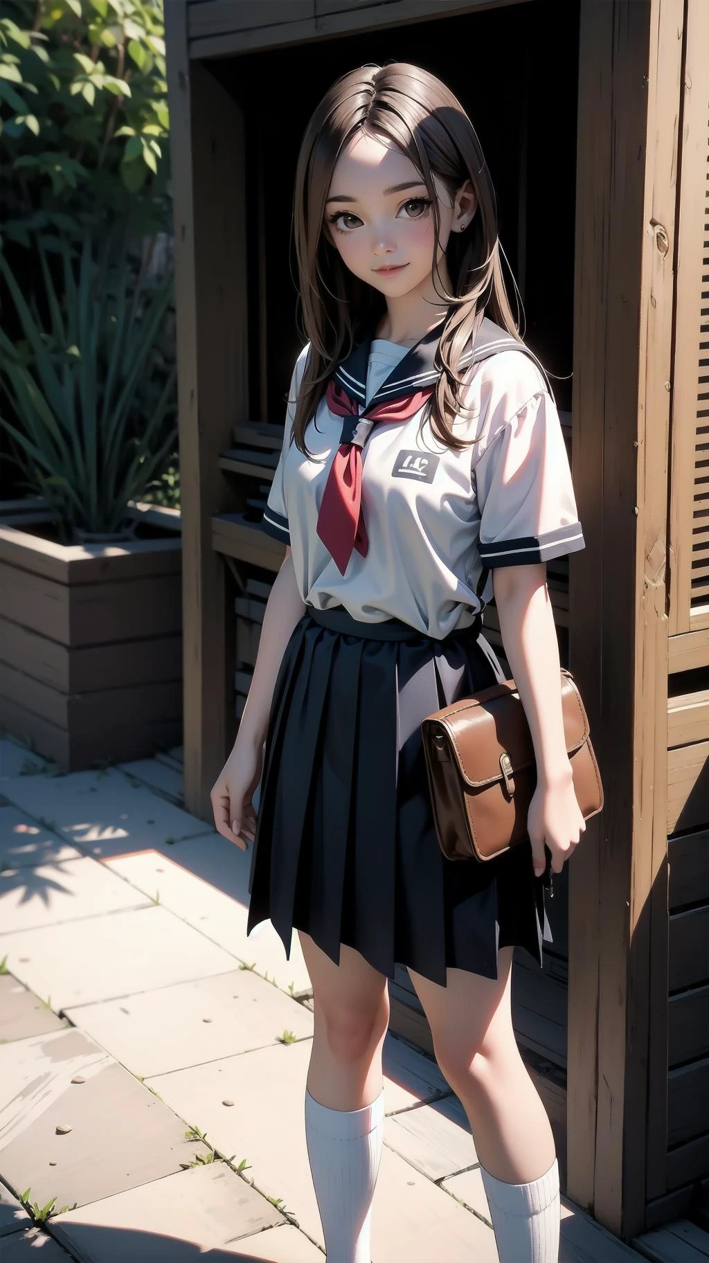 cowboy shot, standing, girl, long hair, brown hair, brown eyes, (perfect skin, realistic skin), seifuku, white shirt, white socks, fine fabric emphasis, slightly smile, <lora:TakagiSan-clasicStyle-000008:0.62>, TakagiSanFirstStyle, (master piece:1.4, best quality:1.4, intricate details, highres, 8K, 4K, UHD, Ultra Detailed 8K CG, ultra high res, High quality texture, High quality shadow, HDR)