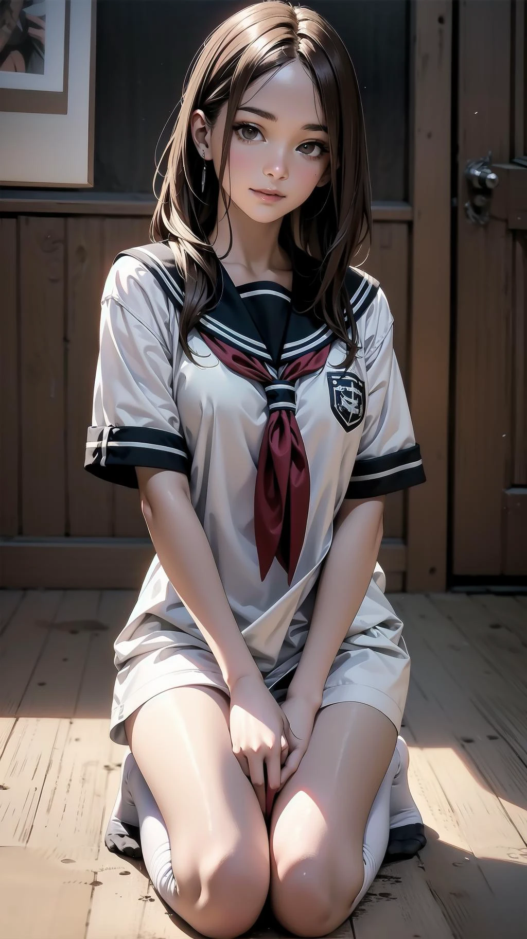 indoor, kneeling:1.2, girl, long hair, brown hair, brown eyes, (perfect skin, realistic skin), seifuku, white shirt, white socks, white panty, fine fabric emphasis, sexy:1.1, smile, <lora:TakagiSan-clasicStyle-000008:0.60>, TakagiSanFirstStyle, (master piece:1.4, best quality:1.4, intricate details, highres, 8K, 4K, UHD, Ultra Detailed 8K CG, ultra high res, High quality texture, High quality shadow, HDR), nsfw