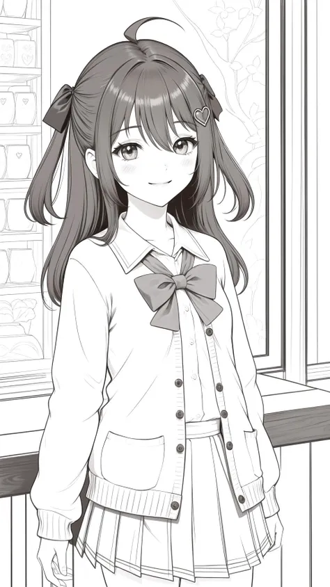 (masterpiece best quality), lineart, monochrome, 1girl, intricate details, cowboy shot,  neuro-sama, 1girl, blush, hair ribbon, hair ornament, ahoge, looking at viewer, heart hair ornament, school uniform, shirt, smile, cardigan, closed mouth, brown cardigan, coffee shop, ambient light,, <lora:animeoutlineV4_16:1>, <lora:NeuroTEST:0.4>