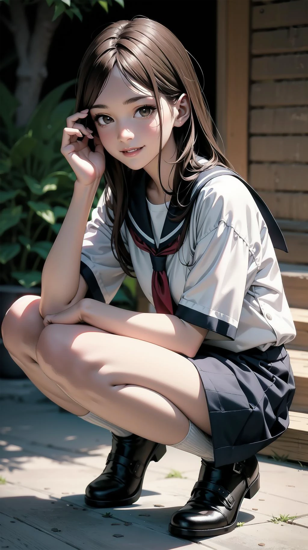squat:1.4, full body:1.2, girl, long hair, brown hair, brown eyes, (perfect skin, realistic skin), seifuku, white shirt, white socks, fine fabric emphasis, smile, <lora:TakagiSan-clasicStyle-000008:0.60>, TakagiSanFirstStyle, (master piece:1.4, best quality:1.4, intricate details, highres, 8K, 4K, UHD, Ultra Detailed 8K CG, ultra high res, High quality texture, High quality shadow, HDR)