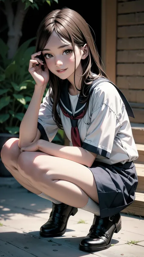 squat:1.4, full body:1.2, schoolgirl, long hair, brown hair, brown eyes, (perfect skin, realistic skin), seifuku, white shirt, white socks, fine fabric emphasis, smile,  <lora:TakagiSan-clasicStyle-000008:0.60>, TakagiSanFirstStyle, (master piece:1.4, best quality:1.4, intricate details, highres, 8K, 4K, UHD, Ultra Detailed 8K CG, ultra high res, High quality texture, High quality shadow, HDR)