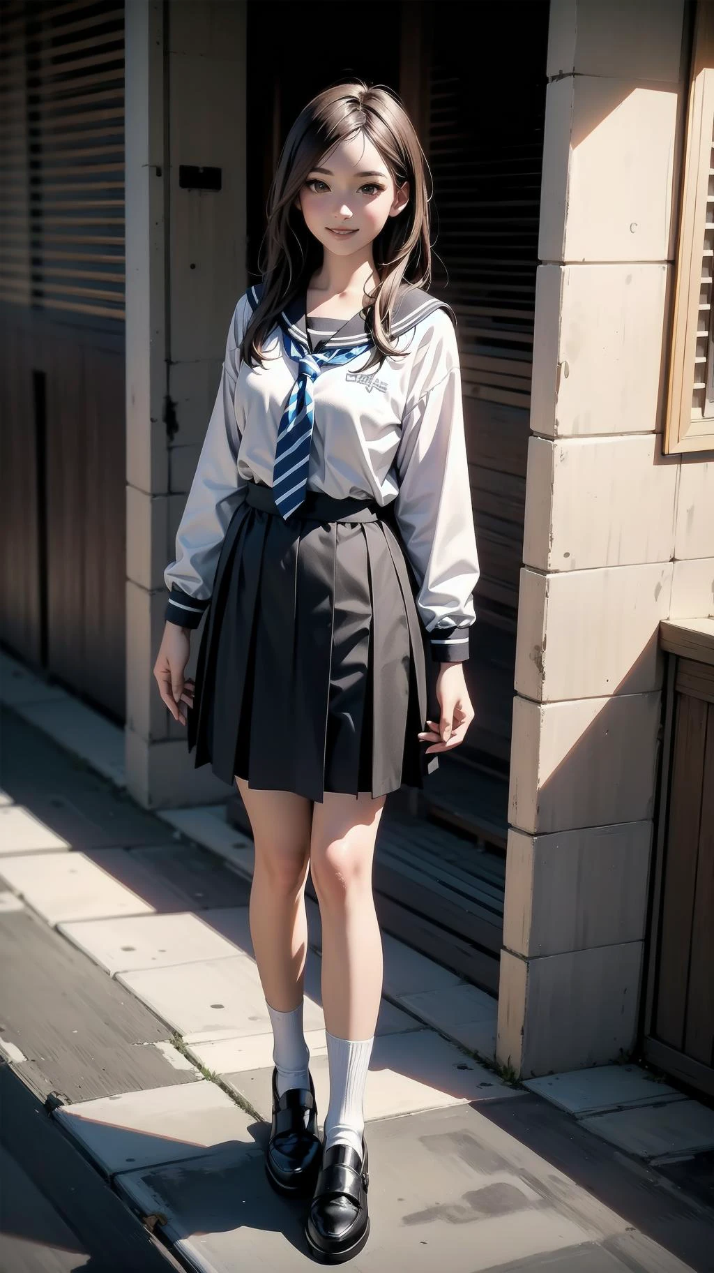 full body, standing, girl, long hair, brown hair, brown eyes, (perfect skin, realistic skin), seifuku, white shirt, white socks, fine fabric emphasis, smile, <lora:TakagiSan-clasicStyle-000008:0.61>, TakagiSanFirstStyle, (master piece:1.4, best quality:1.4, intricate details, highres, 8K, 4K, UHD, Ultra Detailed 8K CG, ultra high res, High quality texture, High quality shadow, HDR)