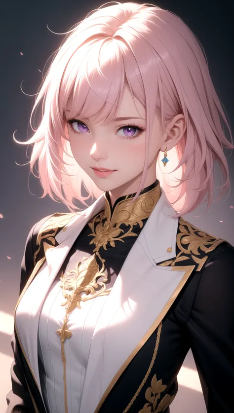 (masterpiece, best quality), intricate details, thin, ((slim)), beautiful girl, Light pink hair, white skin, light purple eyes, sharp jawline, cropped jacket, messy hair, lips, upper body, close up, smirk