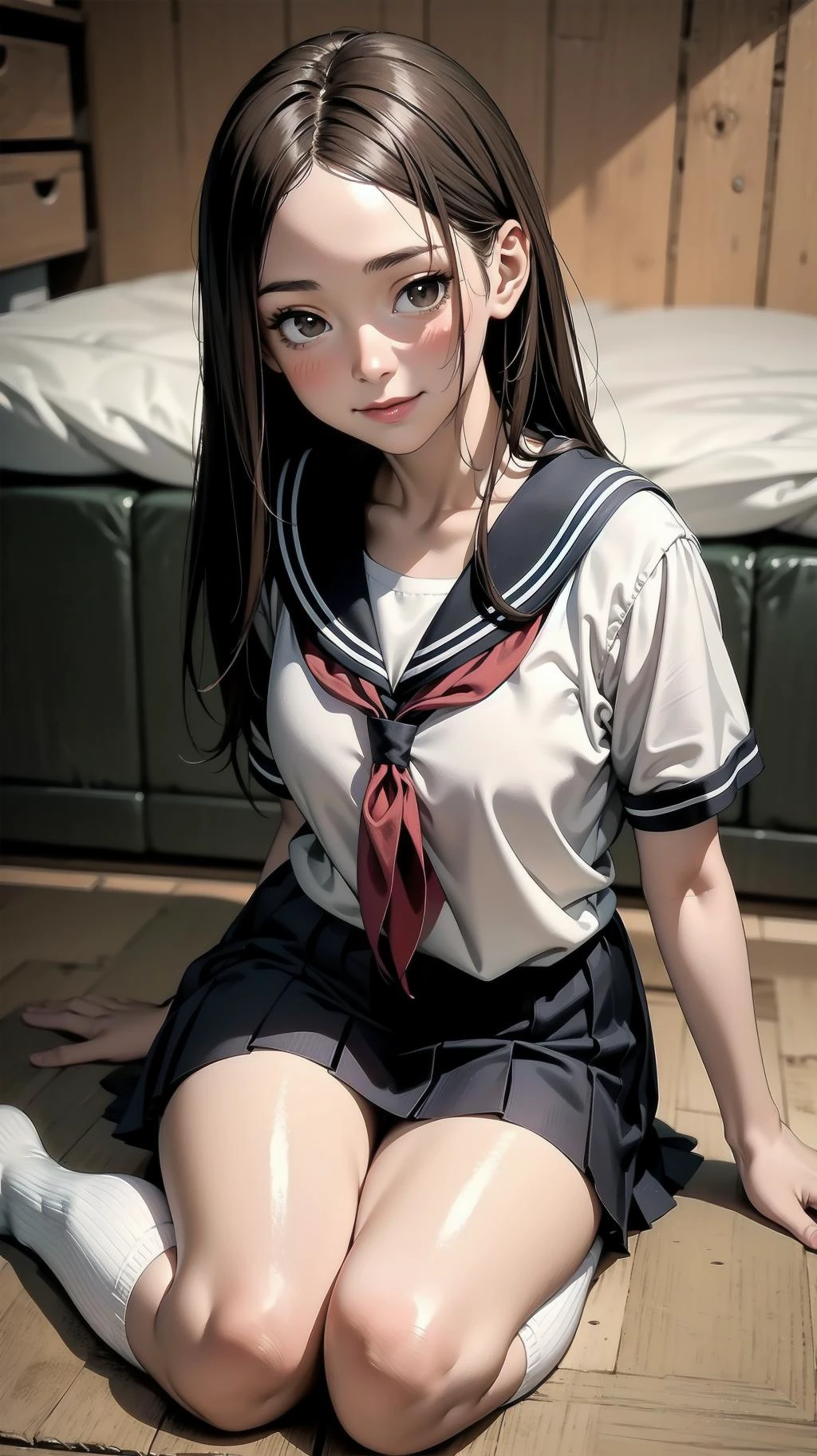 indoor, bedroom, ((W pose sitting on the floor)), girl, long hair, brown hair, brown eyes, (perfect skin, realistic skin), seifuku, white shirt, white socks, white panty, fine fabric emphasis, sexy:1.1, smile, blush:1.2, <lora:TakagiSan-clasicStyle-000008:0.60>, TakagiSanFirstStyle, (master piece:1.4, best quality:1.4, intricate details, highres, 8K, 4K, UHD, Ultra Detailed 8K CG, ultra high res, High quality texture, High quality shadow, HDR), nsfw